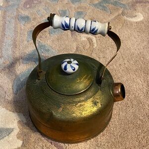 Vintage Brass and Ceramic Teapot with Blue Accents